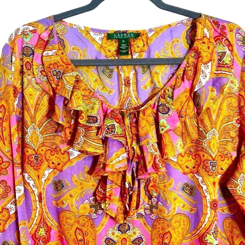 Lauren Ralph Lauren cotton boho multi print bright ruffle blouse XL - Picture 2 of 12